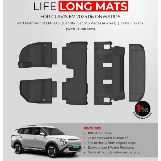 Kia Carens Clavis EV GFX Life Long Floor Mats 4 Rows with Trunk Mat Kia Carens Clavis EV GFX Life Long Floor Mats 4 Rows with Trunk Mat