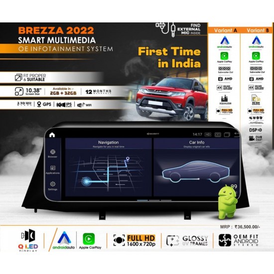 Brezza 2022 Smart OEM Fit Infotainment System Apple Carplay & Android Auto 4g Sim Variant B