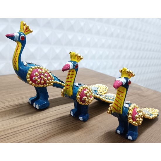 Home Decorative Jaipuri Handicraft Meenakari Metal Peacock Set Of 3