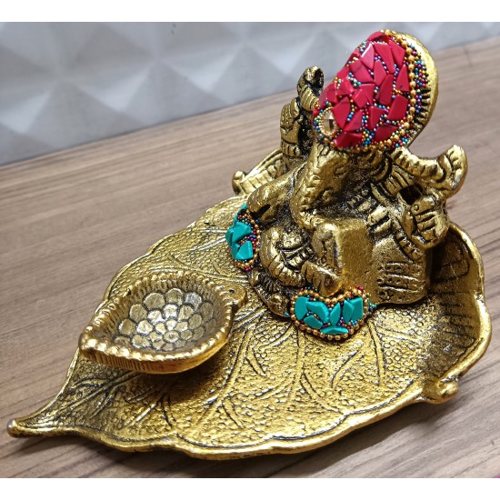 Home Decorative Jaipuri Handicraft Metal Ganesha Idol On Leaf With Diya /Stone