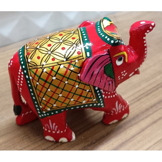 Home Decorative Rajasthani Handicraft Meenakari on Small Elephant- Red With Multi Color