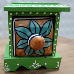 Antique Rajasthani Green Pottery Wooden Square Ceramic Side Drawer Box
