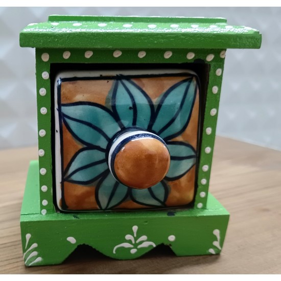 Antique Rajasthani Green Pottery Wooden Square Ceramic Side Drawer Box Antique Rajasthani Green Pottery Wooden Square Ceramic Side Drawer Box