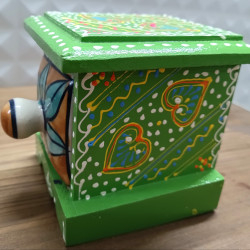 Antique Rajasthani Green Pottery Wooden Square Ceramic Side Drawer Box