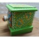 Antique Rajasthani Green Pottery Wooden Square Ceramic Side Drawer Box