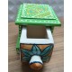 Antique Rajasthani Green Pottery Wooden Square Ceramic Side Drawer Box