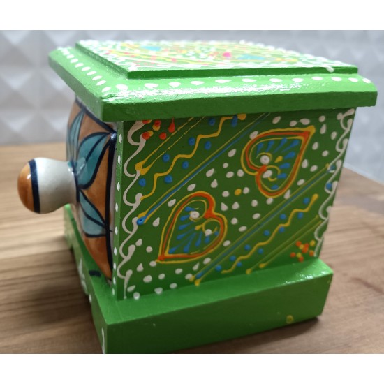 Antique Rajasthani Green Pottery Wooden Square Ceramic Side Drawer Box Antique Rajasthani Green Pottery Wooden Square Ceramic Side Drawer Box