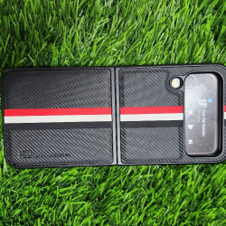 Genuine Leather Case For Samsung Galaxy Z Flip 4 - Black With Strips Genuine Leather Case For Samsung Galaxy Z Flip 4 - Black With Strips