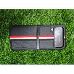 Genuine Leather Case For Samsung Galaxy Z Flip 4 - Black With Strips