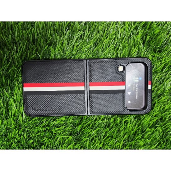 Genuine Leather Case For Samsung Galaxy Z Flip 4 - Black With Strips