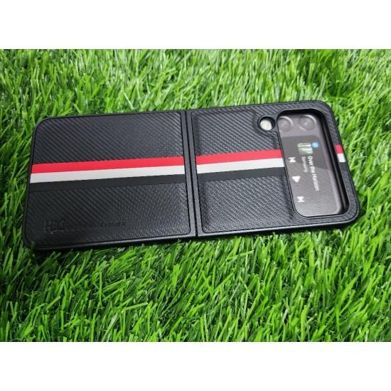 Genuine Leather Case For Samsung Galaxy Z Flip 4 - Black With Strips