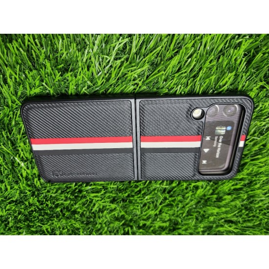 Genuine Leather Case For Samsung Galaxy Z Flip 4 - Black With Strips