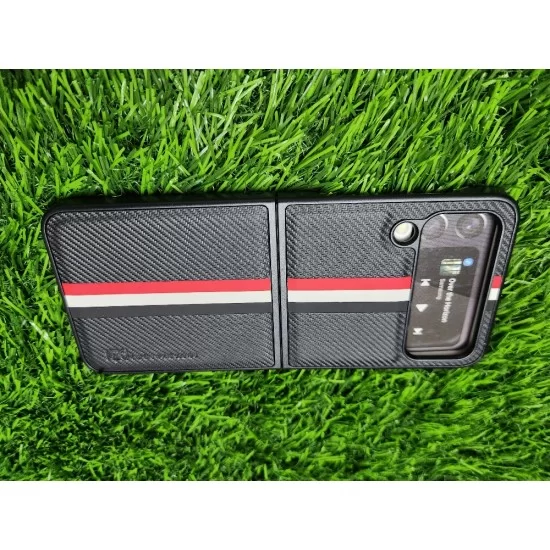 Genuine Leather Case For Samsung Galaxy Z Flip 4 - Black With Strips