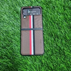 Genuine Leather Case For Samsung Galaxy Z Flip 4 - Brown With Strips