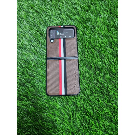 Genuine Leather Case For Samsung Galaxy Z Flip 4 - Brown With Strips