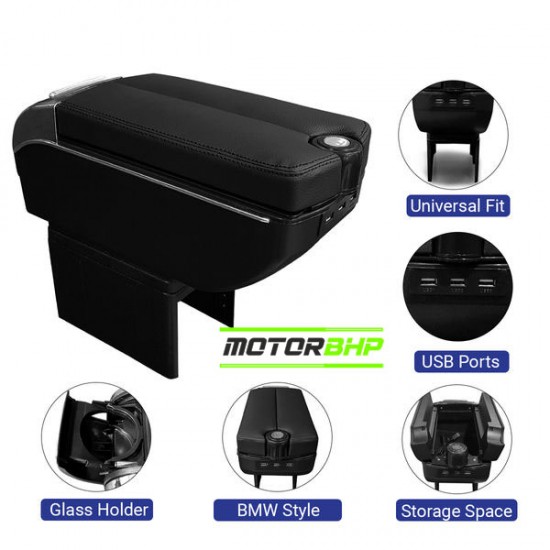 Honda Mobilio Premium Car ArmRest with USB charging port and storage box-Black