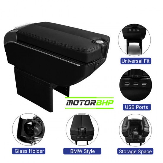 Honda Amaze Premium Car ArmRest with USB charging port and storage box-Black