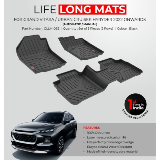 GFX Premium Life Long Car Floor Foot Mats For Maruti Suzuki Grand Vitara (2022-Onwards) Black