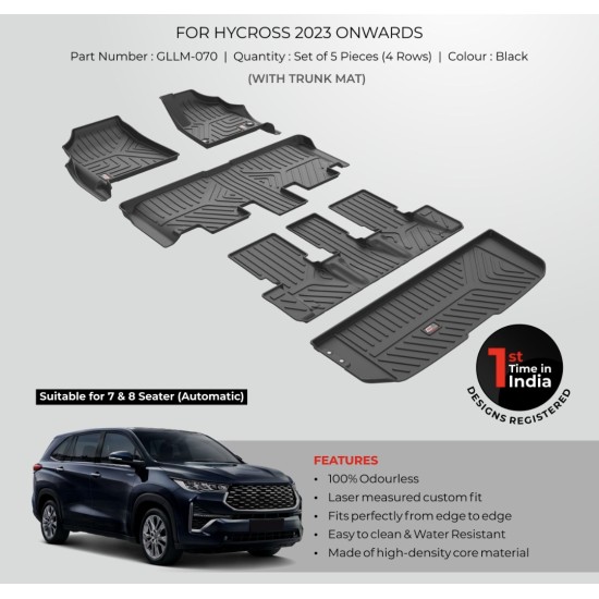 GFX Premium Life Long Car Floor Foot Mats For Toyota Hycross Black With Trunk Mat