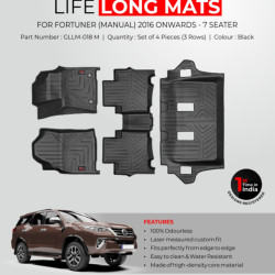 GFX Premium Life Long Car Floor Foot Mats For Toyota Fortuner Manual (2016-Onwards) Black (7 Seater) GFX Premium Life Long Car Floor Foot Mats For Toyota Fortuner Manual (2016-Onwards) Black (7 Seater)