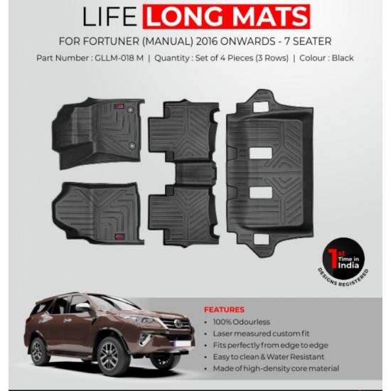 GFX Premium Life Long Car Floor Foot Mats For Toyota Fortuner Manual (2016-Onwards) Black (7 Seater)