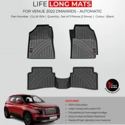  Premium Life Long Car Floor Foot Mats For Hyundai Venue (2022-Onwards) Black