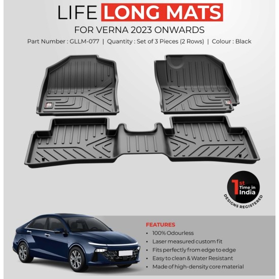 Premium Life Long Car Floor Foot Mats For Hyundai Verna (2023-Onwards) Black