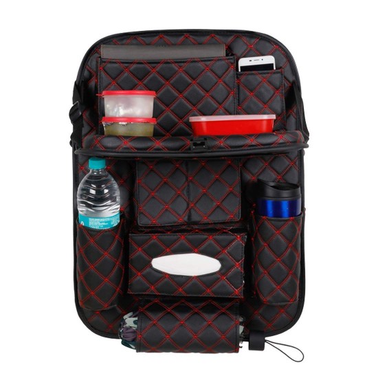  Universal PU Leather 7D Auto Car Seat Back Organizer With Meal Tray-Black/Red