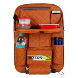  Universal PU Leather 7D Auto Car Seat Back Organizer With Meal Tray-Tan