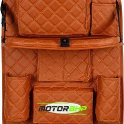  Universal PU Leather 7D Auto Car Seat Back Organizer With Meal Tray-Tan