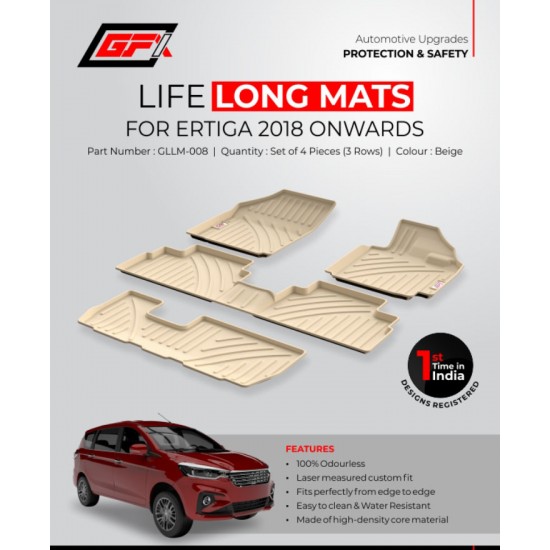 Premium Life Long Car Floor Foot Mats For Maruti Suzuki Ertiga (2018-Onwards) Beige