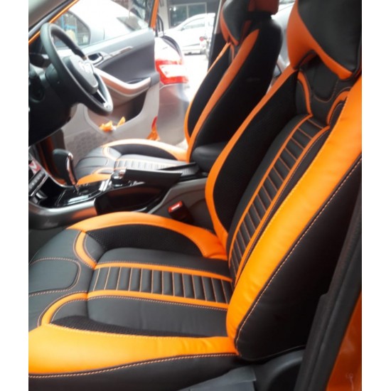 Motorbhp Leatherette Seat Covers Custom Bucket Fit Black With Orange (Design 5)