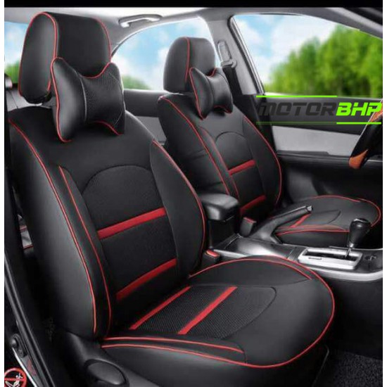 Motorbhp Leatherette Seat Covers Custom Bucket Fit Black With Red Border (Design 2)